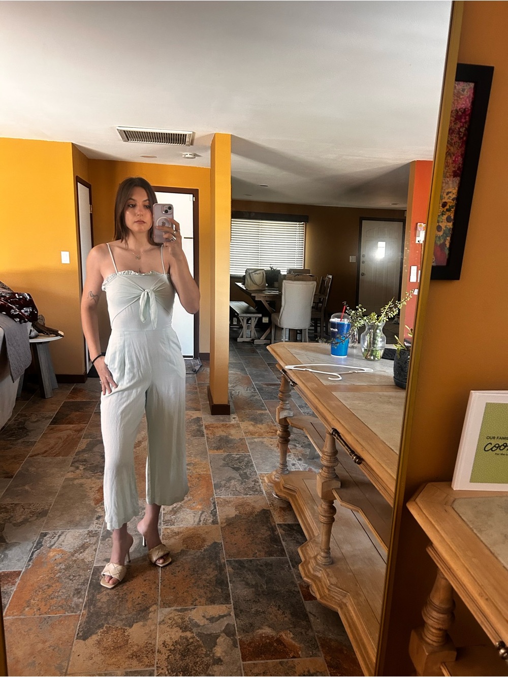 Blue Rain Light Sage Green Cropped Wide Leg Jumpsuit Small Tie Front Pockets